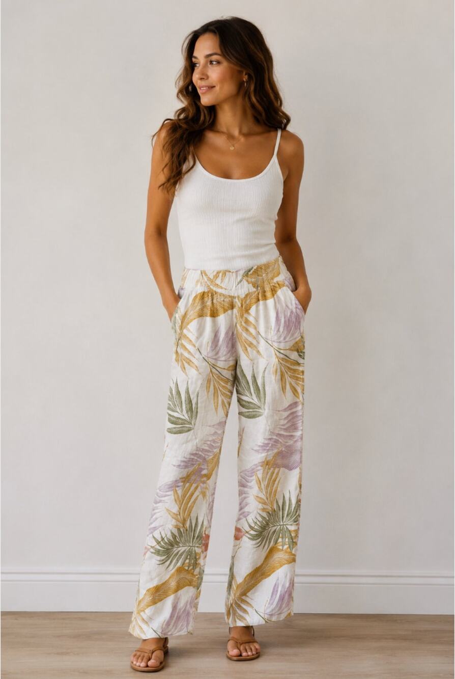 Tahari Tropical Leaf Print Linen Wide Leg Pants Size M Tan Sage Lavender